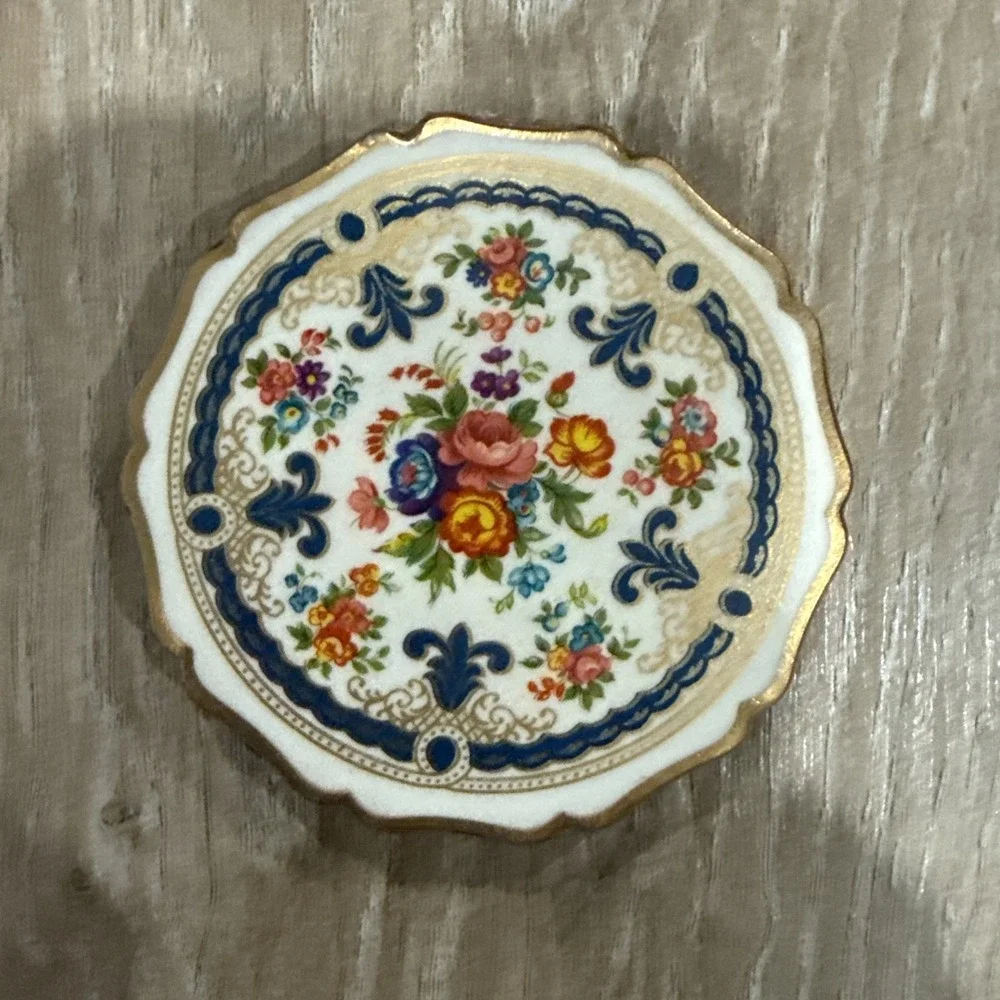 Vintage Compact Set Powder Compact Comb Stratton Enamel Floral‎ Brass England